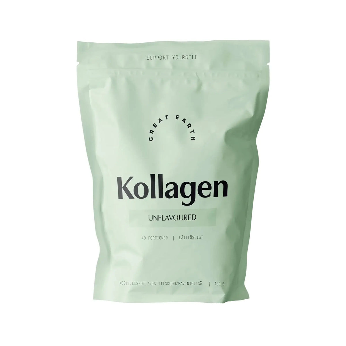 Great Earth Kollagen 400 g -kollageenijauhe neutraalilla maulla vaaleanvihreässä pussissa.