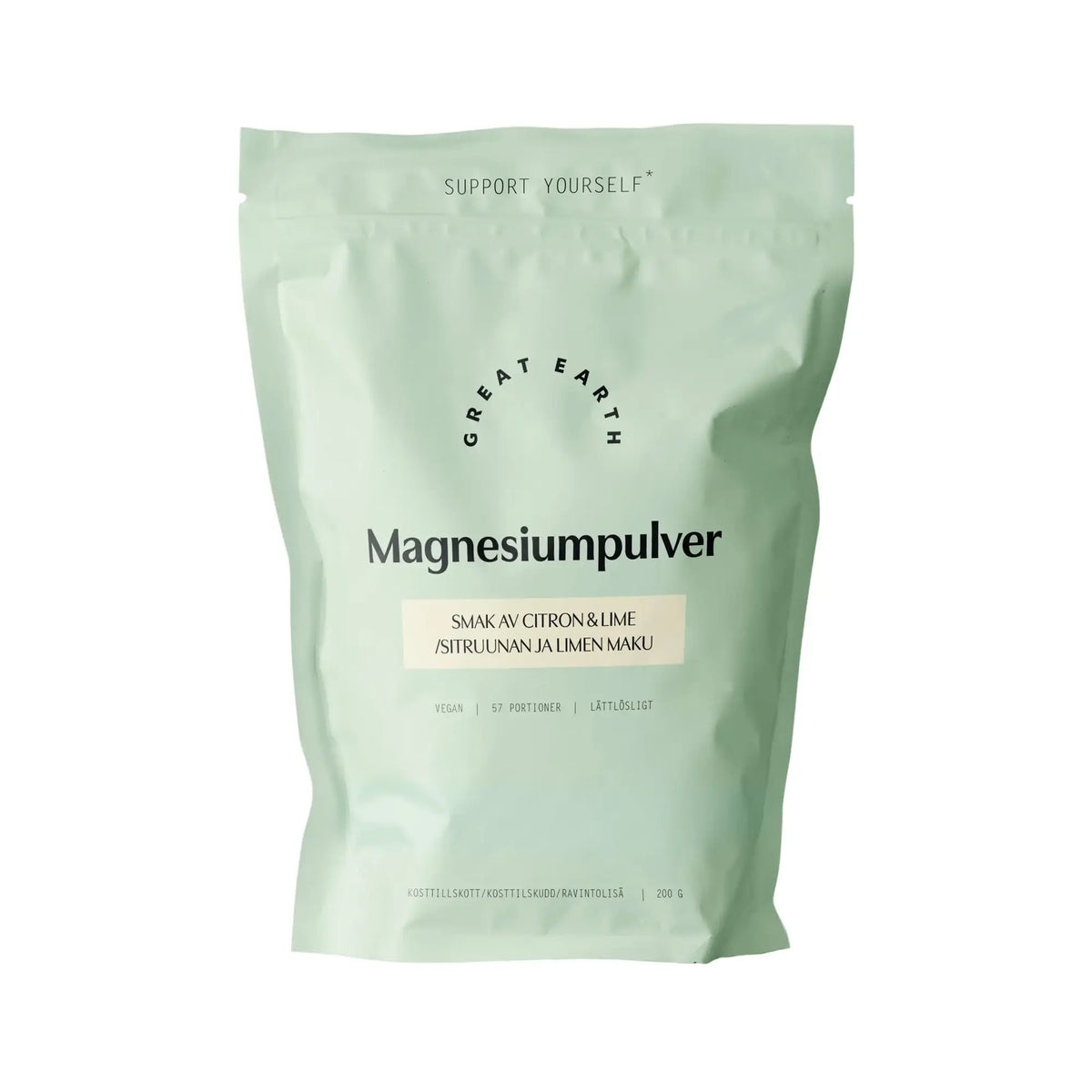 Great Earth Magnesiumpulver 200 g vaaleanvihreässä pussissa, makuna sitruuna ja lime.