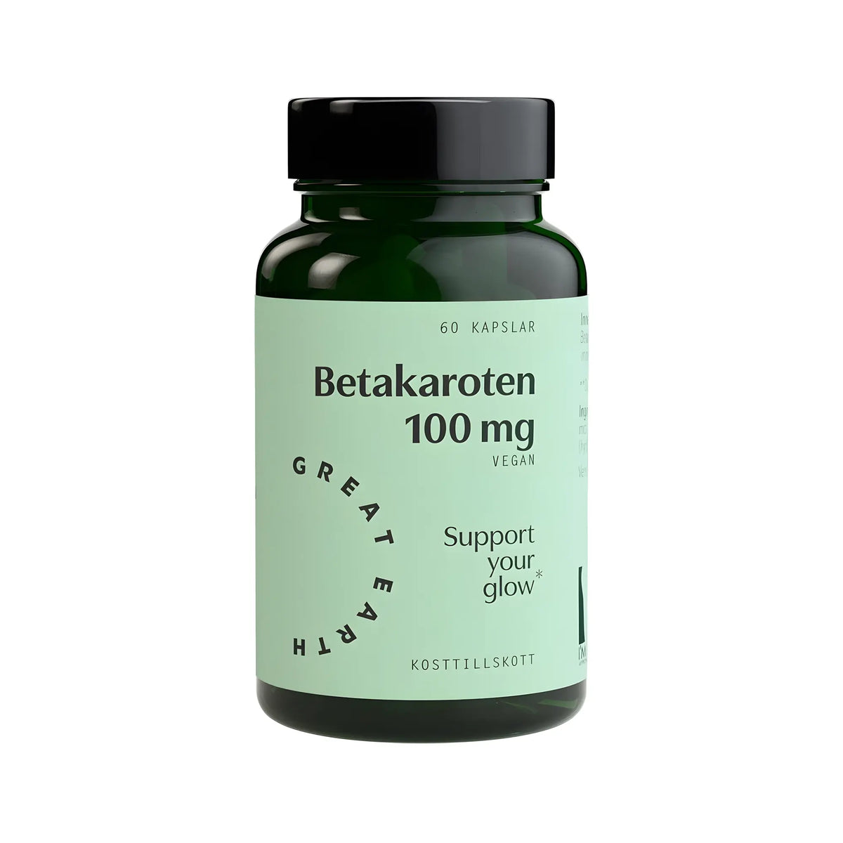 Vegaaninen Great Earth Betakaroten 60 caps -ravintolisä tummanvihreässä purkissa, jossa on vaaleanvihreä etiketti.