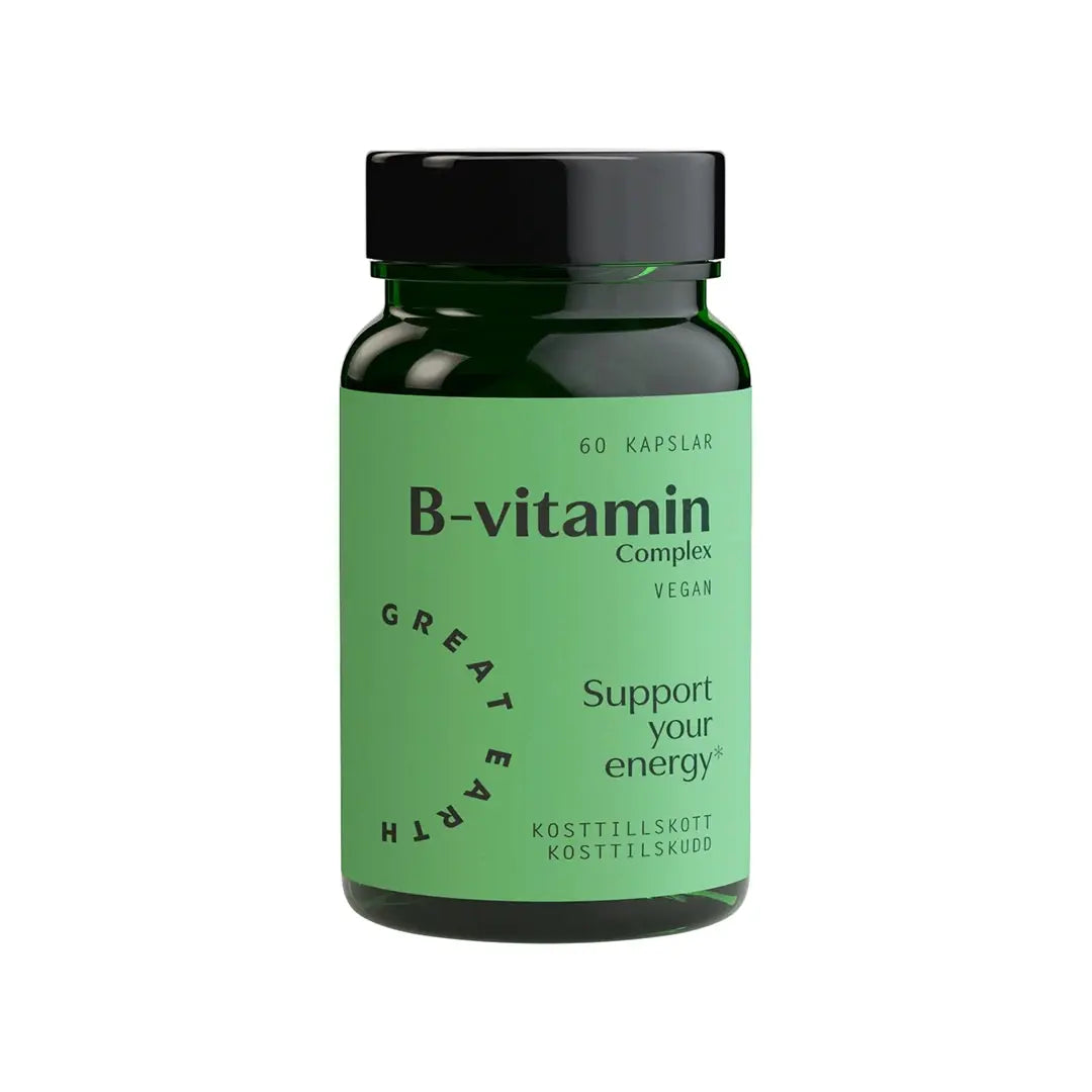 Great Earth B-vitamin Complex 60 caps, vegaaniset vitamiinit tummanvihreässä purkissa vaaleanvihreällä etiketillä., kuva 1/1
