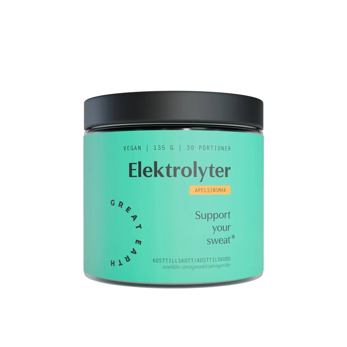 Great Earth Elektrolyter 135 g -elektrolyyttijauhe turkoosissa purkissa mustalla kannella, makuna appelsiini., kuva 2/2