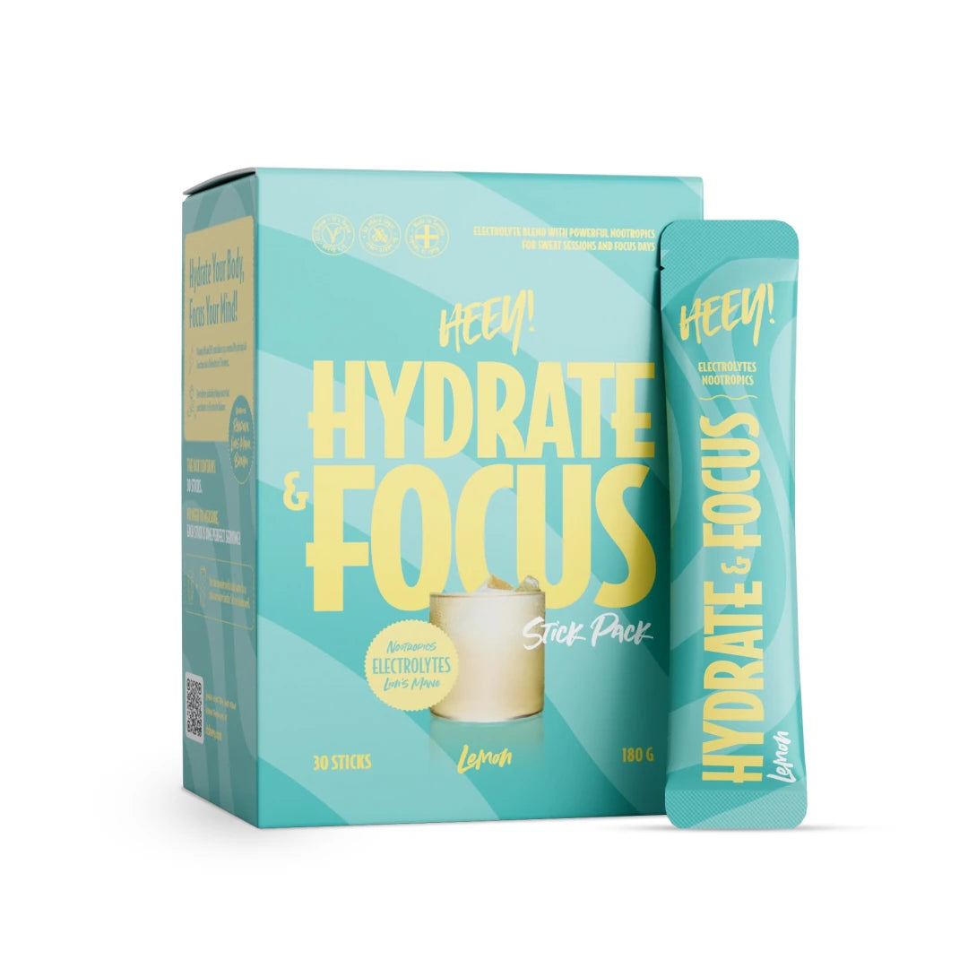 Heey! Hydrate &amp; Focus Electrolytes + Lions Mane 30 x Stick Pack Lemon turkoosissa rasiassa ja annospussissa., kuva 1/1