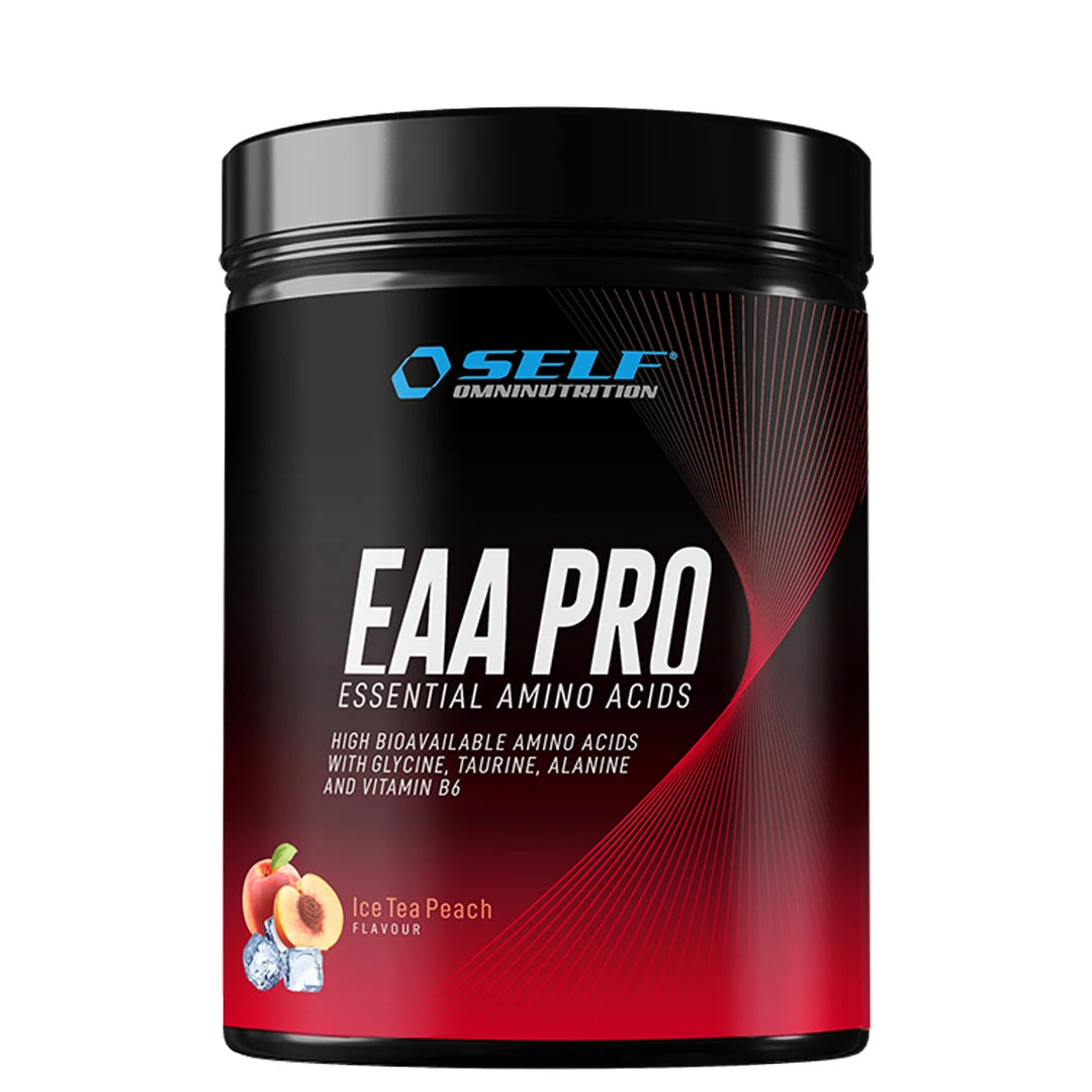 Self Omninutrition EAA PRO 400 g -aminohapot mustassa purkissa punaisilla yksityiskohdilla, makuna Ice Tea Peach., kuva 2/5