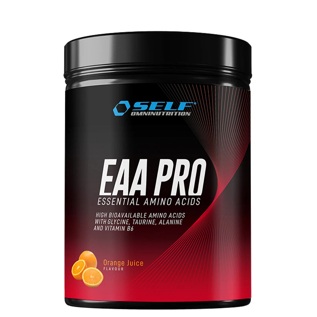 Self Omninutrition EAA PRO 400 g -aminohappojauhe mustassa purkissa punaisilla yksityiskohdilla, makuna Orange., kuva 4/5