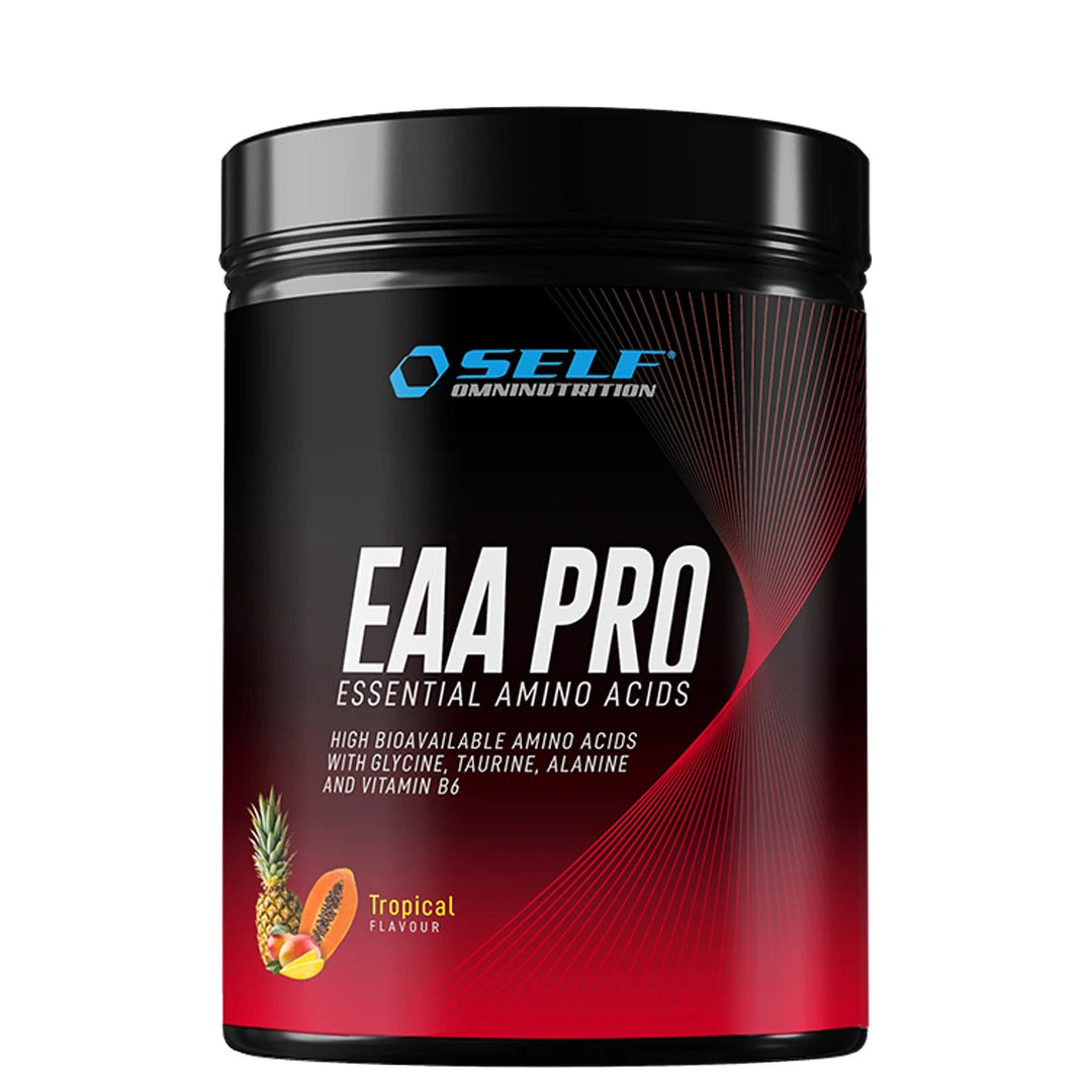 Self Omninutrition EAA PRO 400 g -aminohappojauhe mustassa purkissa punaisilla yksityiskohdilla, makuna Tropical., kuva 5/5