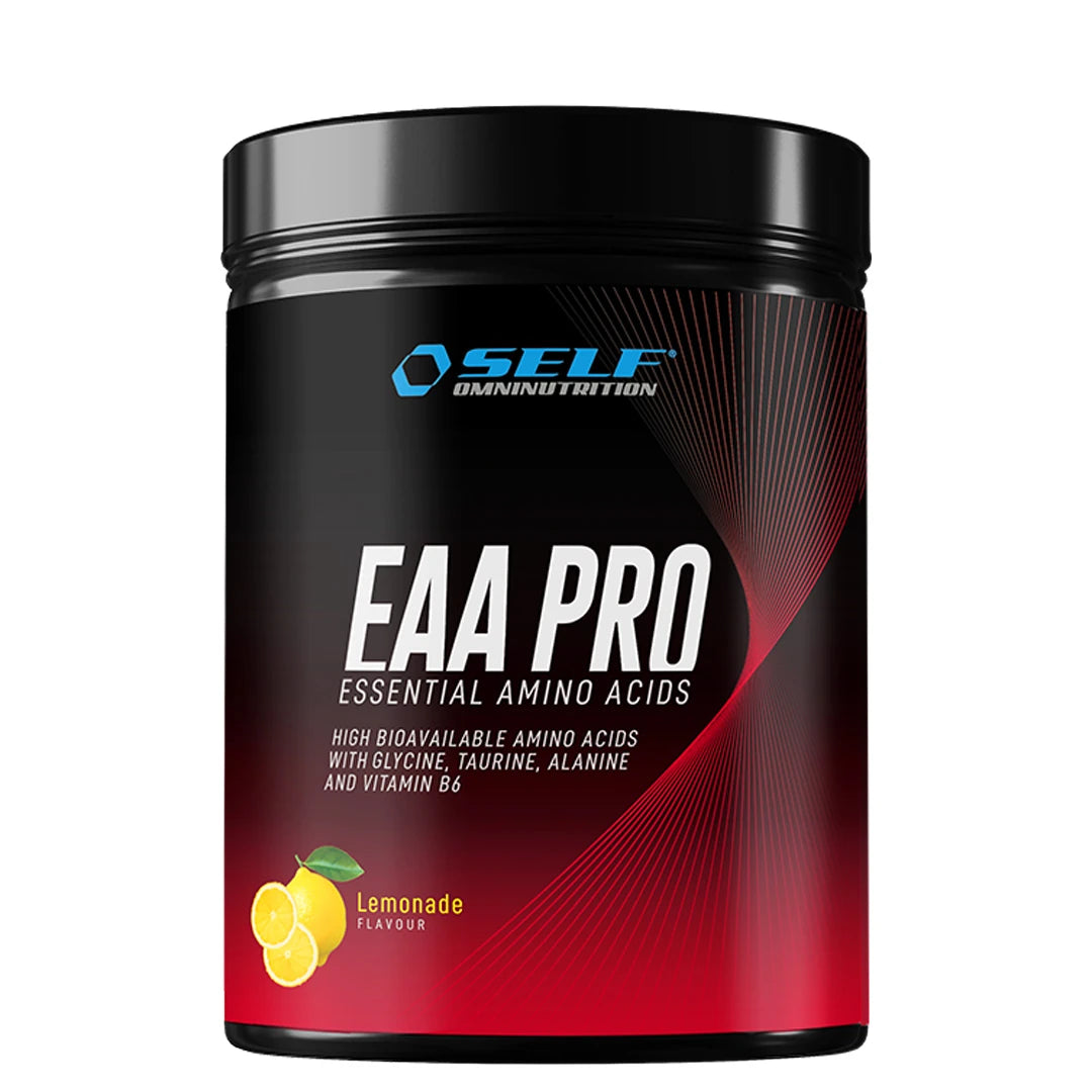 Self Omninutrition EAA PRO 400 g -aminohappojauhe mustassa purkissa punaisilla yksityiskohdilla, makuna Lemonade., kuva 1/5