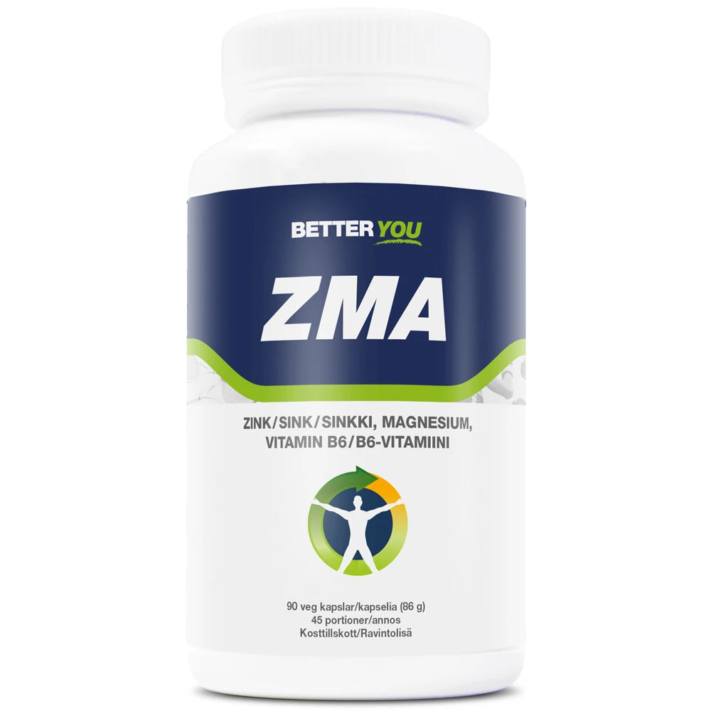 Better You ZMA 90 caps -ravintolisä valkoisessa purkissa, jossa on tummansinisiä ja vihreitä yksityiskohtia., kuva 1/1