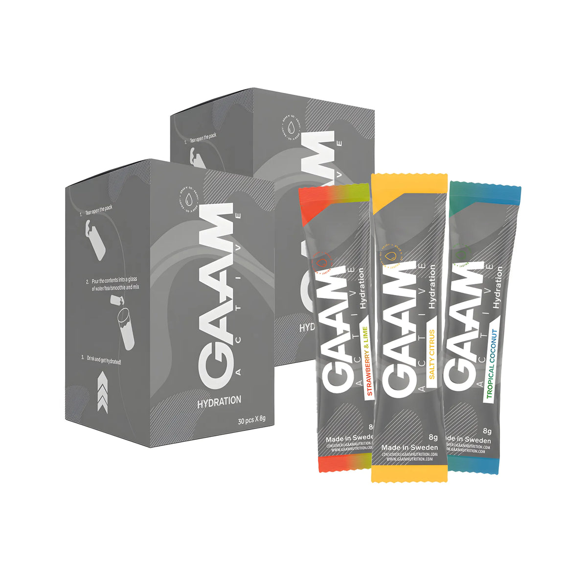 60 x GAAM Active Hydration 8 g -elektrolyytit kahdessa harmaassa laatikossa, edessä kolme erimakuista annospussia., kuva 1/1