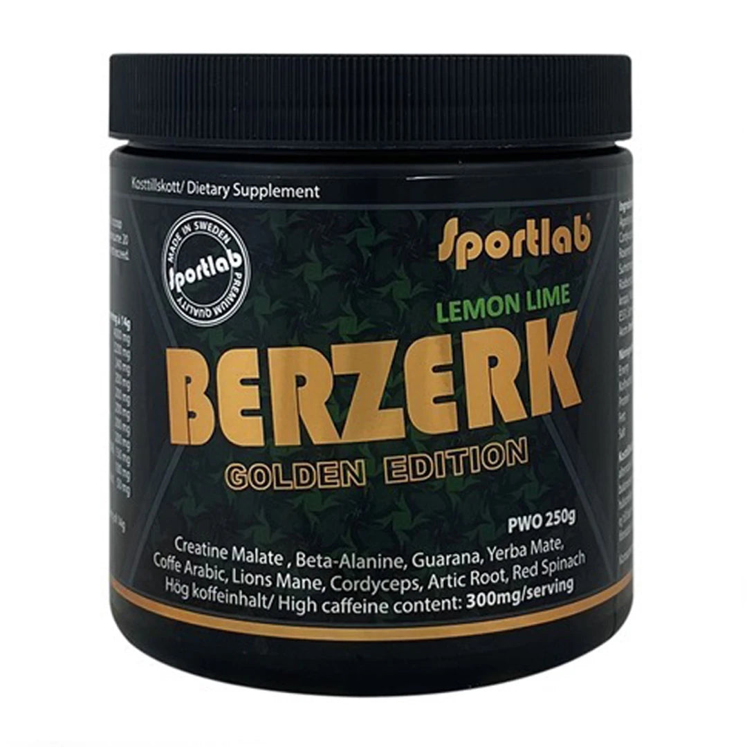 Sportlab BERZERK Golden Edition PWO 250 g mustassa purkissa kultaisilla yksityiskohdilla, makuna Lemon Lime., kuva 1/1