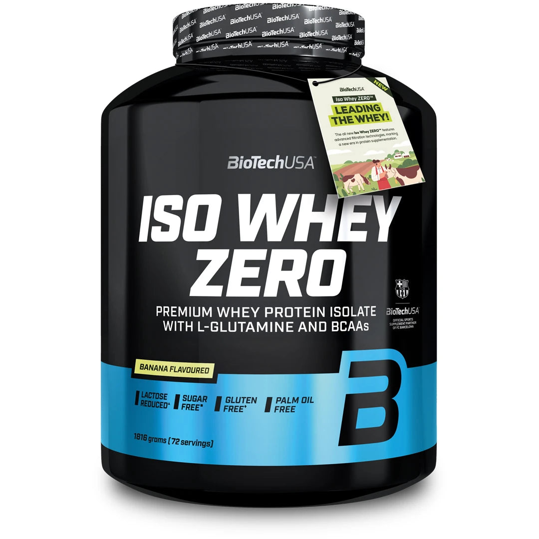 BioTechUSA Iso Whey Zero 1816 g -proteiinijauhe mustassa purkissa vaaleansinisillä yksityiskohdilla, makuna Banana.