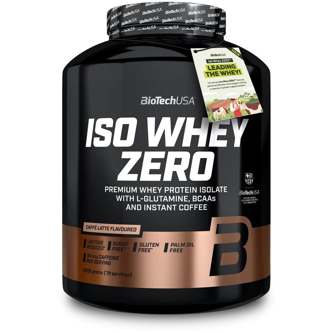 BioTechUSA Iso Whey Zero 1816 g -proteiinijauhe mustassa purkissa, jossa on pronssinvärisiä yksityiskohtia, makuna Caffé Latte., kuva 4/11