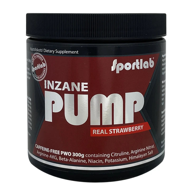 Sportlab Inzane PUMP 300 g kofeiiniton PWO mustassa purkissa tummanpunaisella etiketillä, makuna Real Strawberry., kuva 1/1