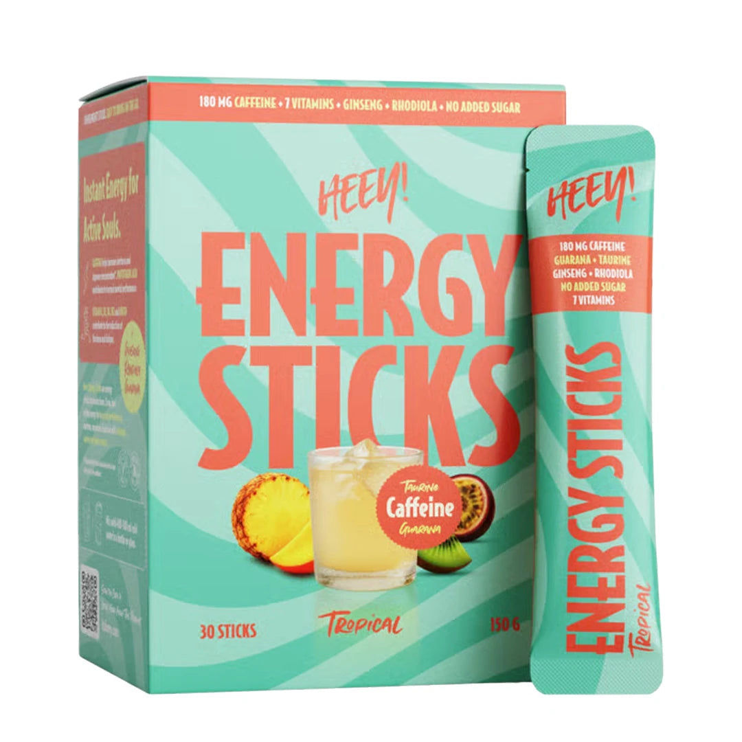 Heey! Energy Sticks Koffein + Guarana turkoosissa rasiassa ja annostikussa, makuna Tropical., kuva 1/1