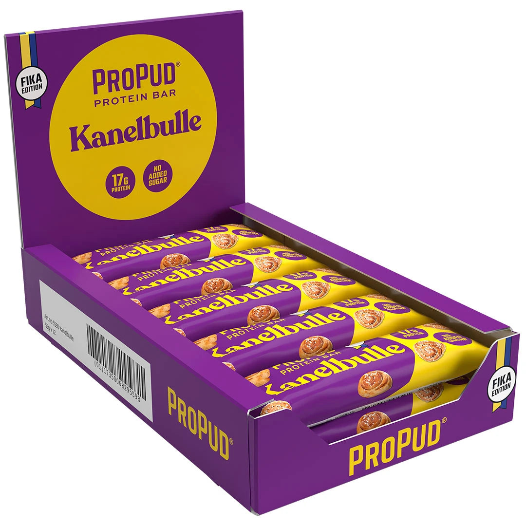 12 x NJIE Propud Proteinbar 55 g Kanelbulle lilassa esittelylaatikossa kelta-liloissa pakkauksissa., kuva 1/1