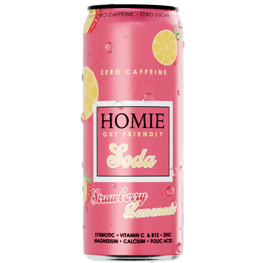 Homie Soda Synbiotic 330 ml -vitamiinijuoma vaaleanpunaisessa tölkissä vesipisaroilla, makuna Strawberry Lemonade.