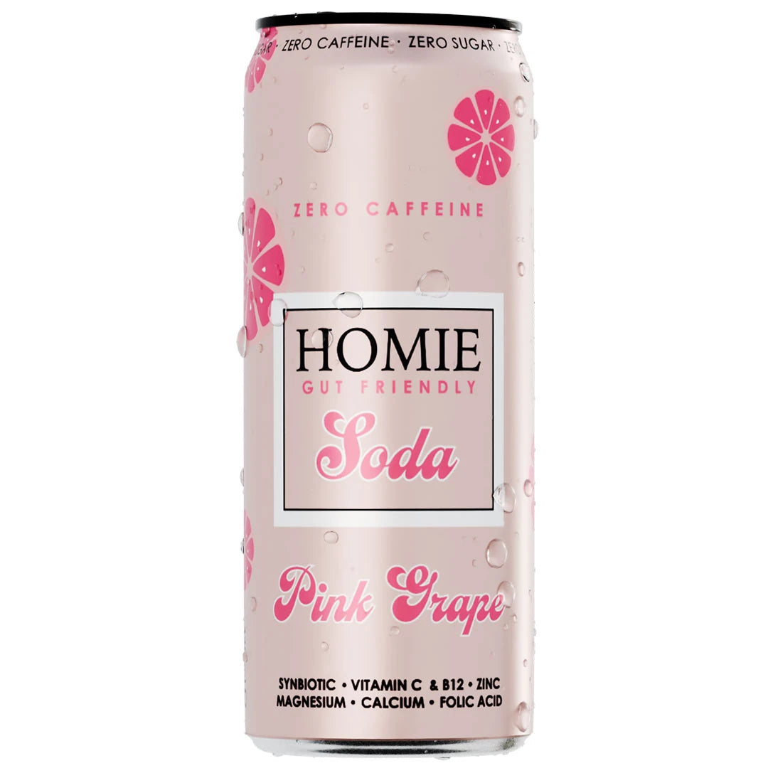 Homie Soda Synbiotic 330 ml -vitamiinijuoma vaaleanpunaisessa tölkissä vesipisaroilla, makuna Pink Grapefruit., kuva 2/3