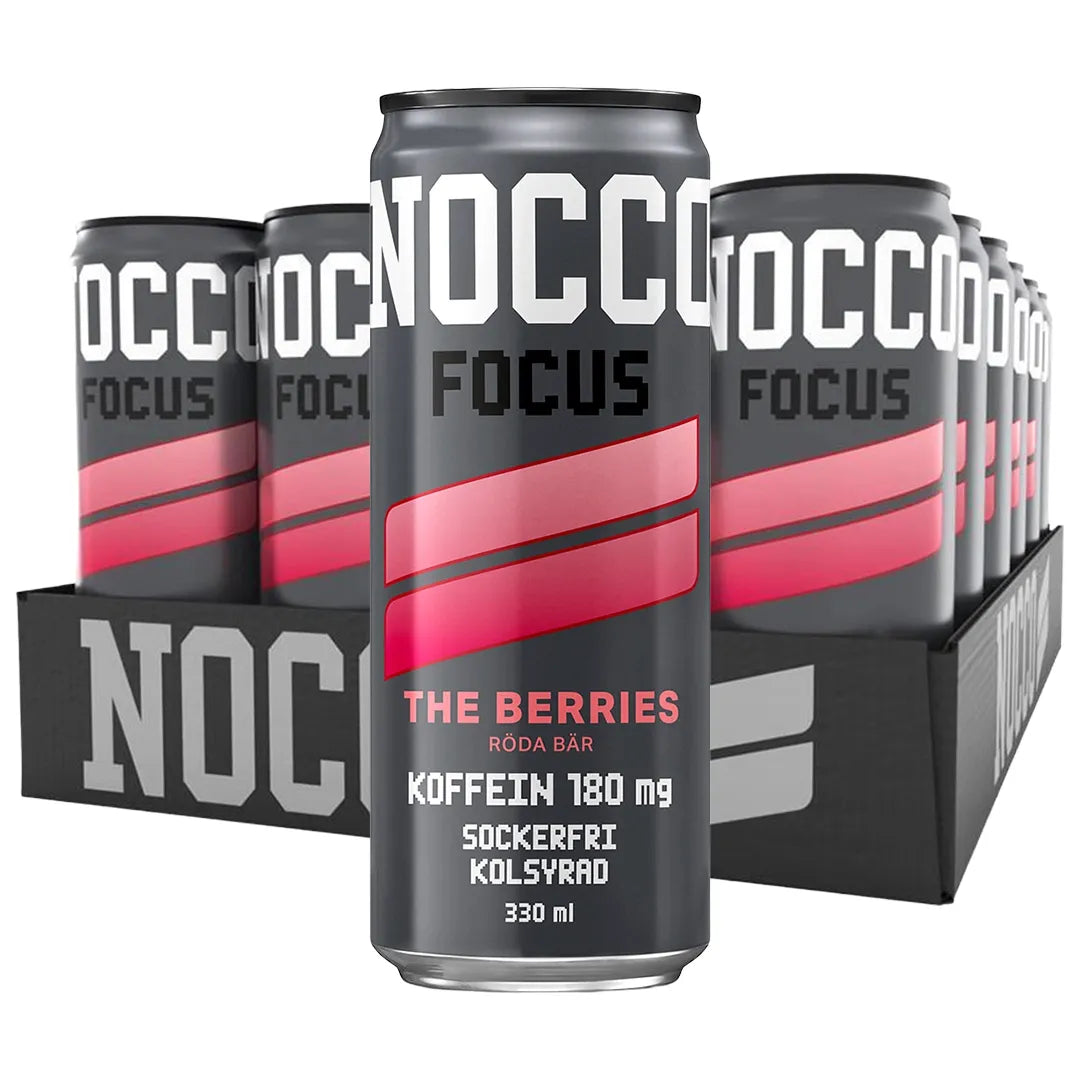 24 x NOCCO FOCUS 330 ml The Berries i ett svart flak med mörkgrå burkar med rosa detaljer., bild 1 av 1