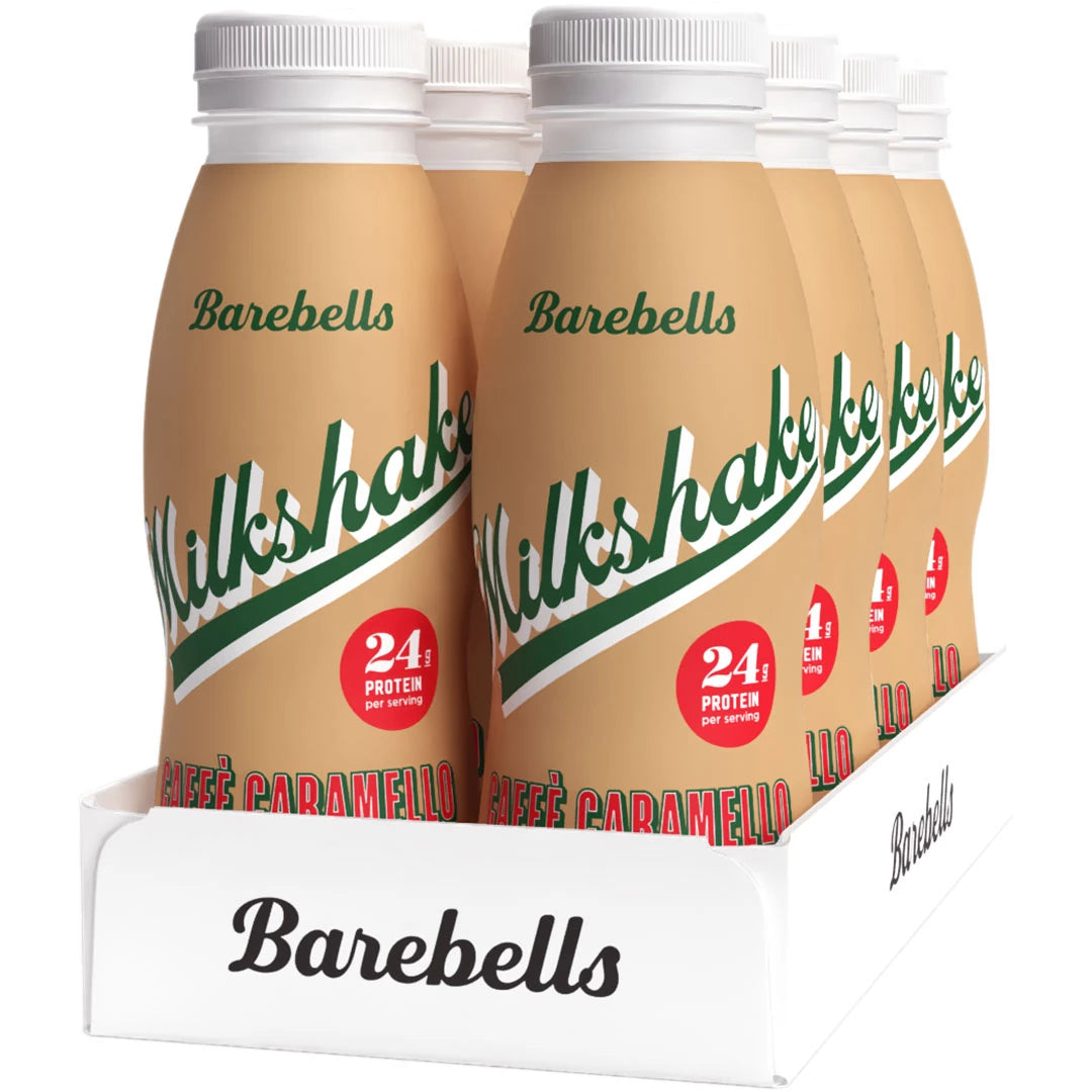 8 x Barebells Milkshake 330 ml Caffé Caramello valkoisessa rasiassa, jossa on vaaleanruskeita pulloja vihreillä yksityiskohdilla., kuva 1/1