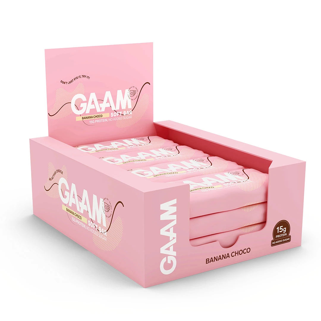 12 x GAAM Soft bar 45 g Banana Choco vaaleanpunaisessa esittelylaatikossa valkoisilla ja ruskeilla yksityiskohdilla., kuva 1/1