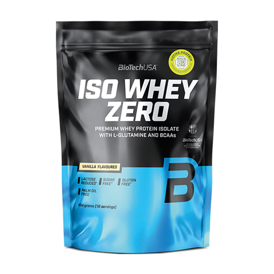 BioTechUSA Iso Whey Zero 454 g -proteiinijauhe musta-sinisessä pussissa, makuna vanilja., kuva 3/12