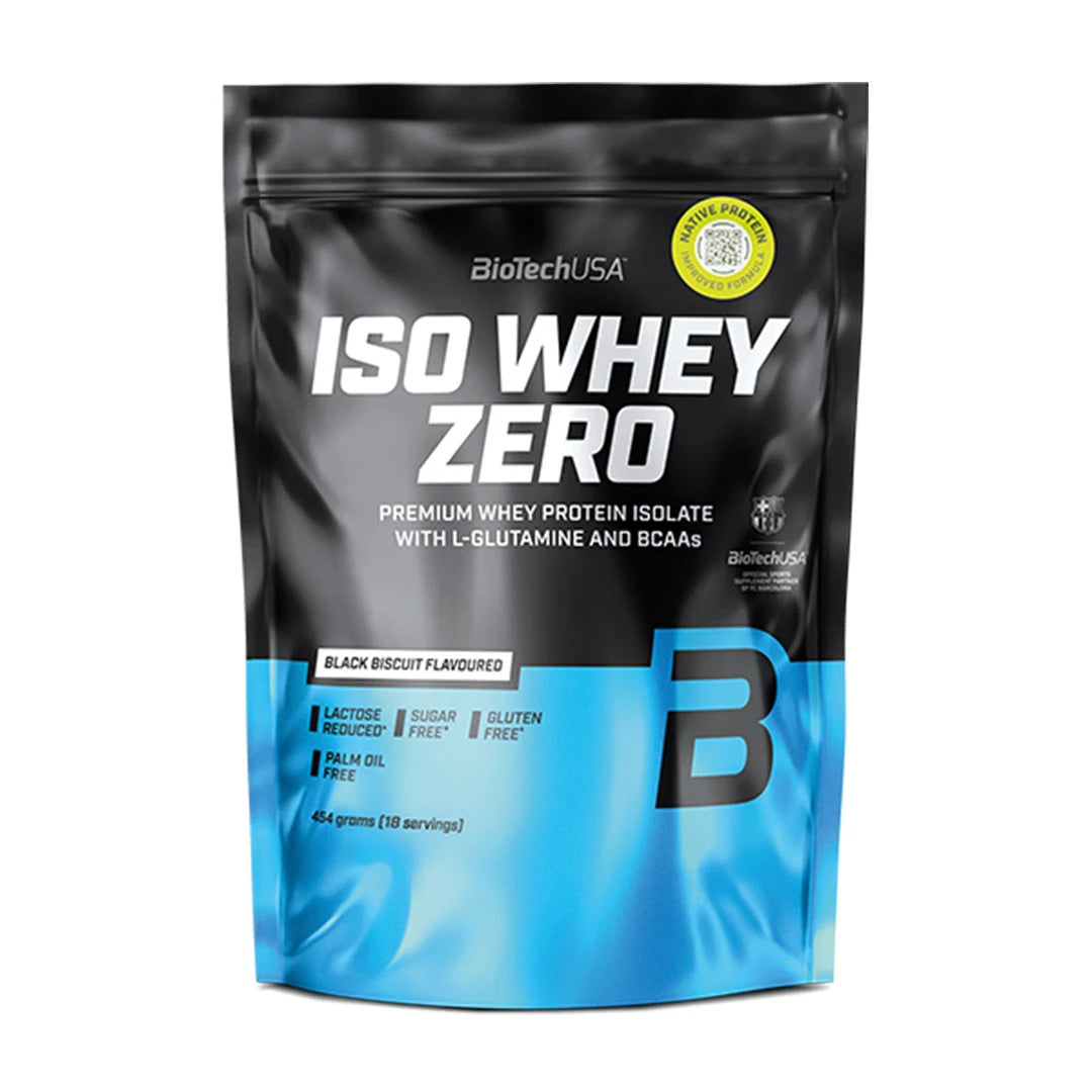 BioTechUSA Iso Whey Zero 454 g -proteiinijauhe mustansinisessä pussissa, makuna Black Biscuit., kuva 5/12