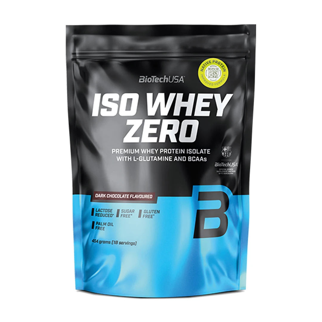 Musta-sininen pussi BioTechUSA Iso Whey Zero 454 g -proteiinijauhetta maussa Dark Chocolate., kuva 6/12