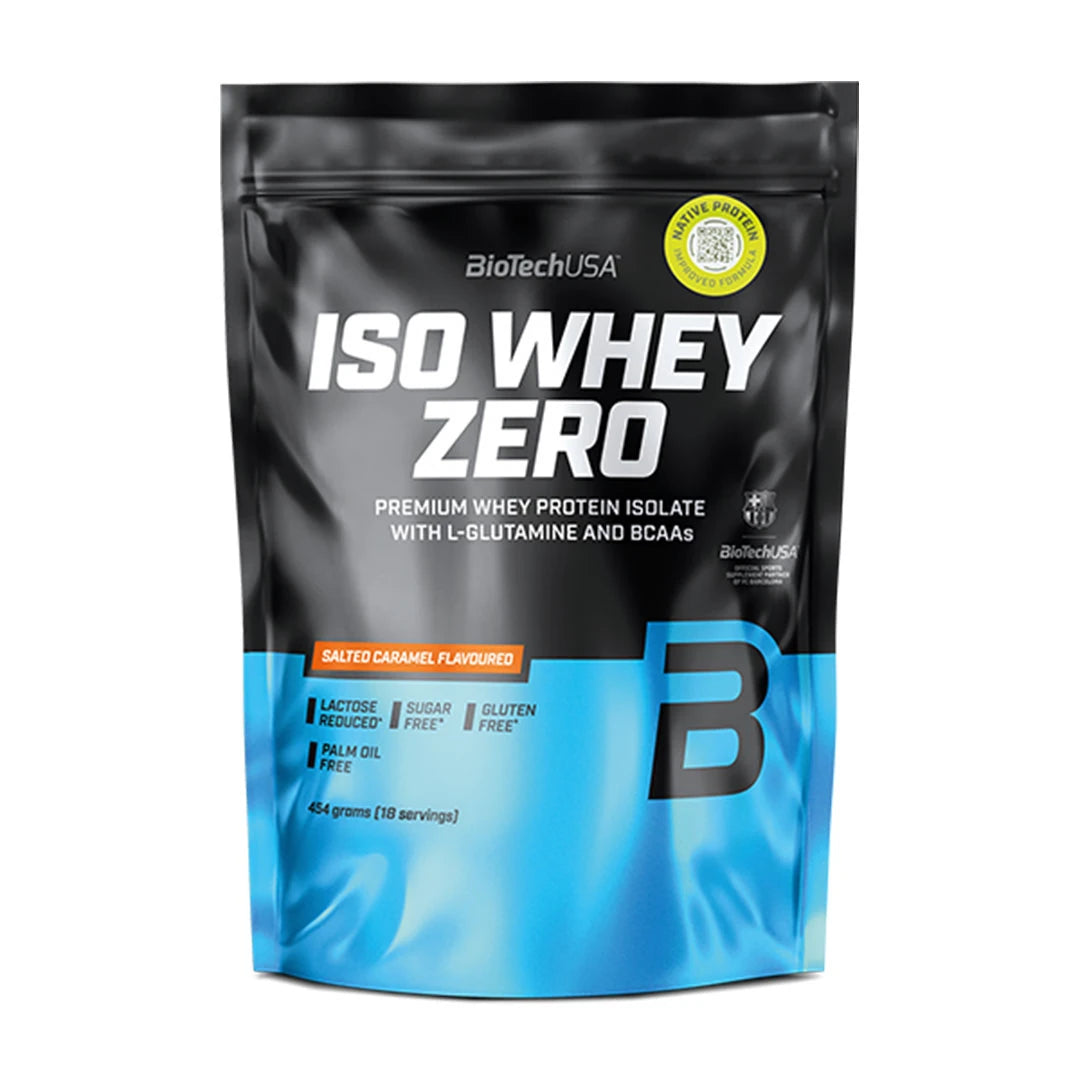 Musta ja sininen pussi BiotechUSA Iso Whey Zero 454 g -proteiinijauhetta Salted Caramel -maussa., kuva 10/12