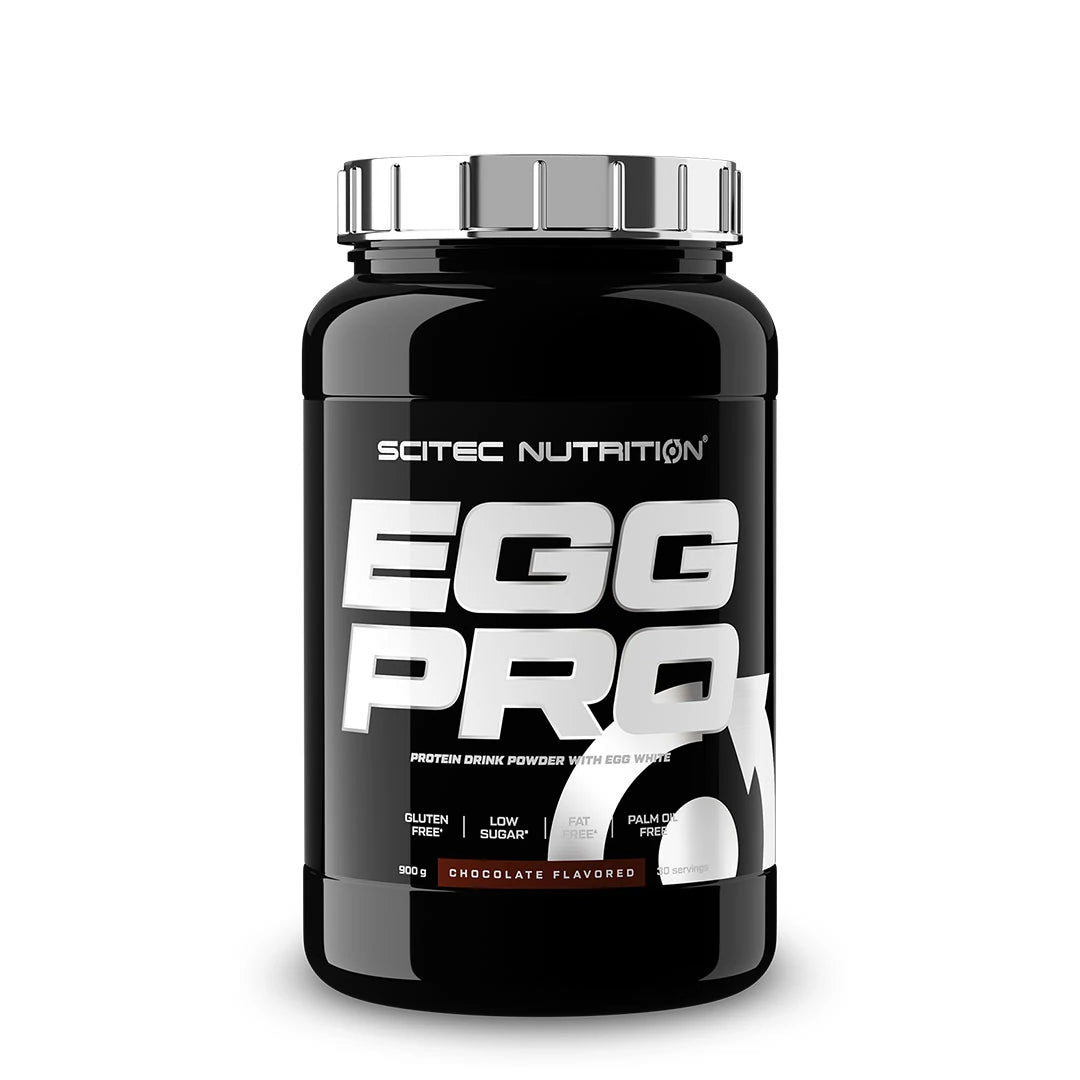 Scitec Nutrition Egg Pro 900 g -munaproteiini suklaan makuisena, mustassa purkissa hopeisella kannella., kuva 1/1