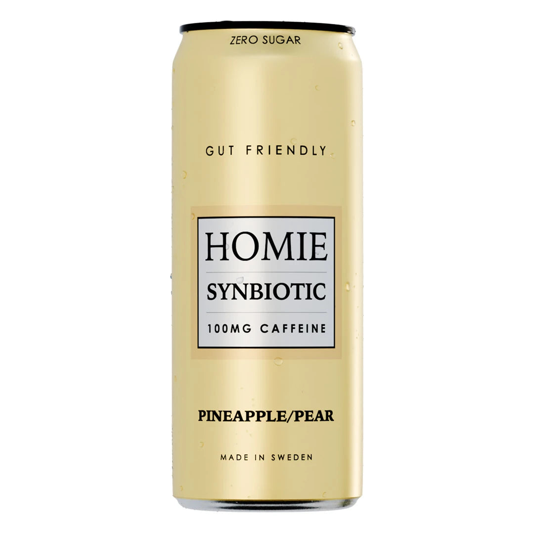 Homie Wake Up Synbiotic 330 ml -hiilihapotettu juoma vaaleankeltaisessa tölkissä, makuna Pineapple Pear., kuva 8/10