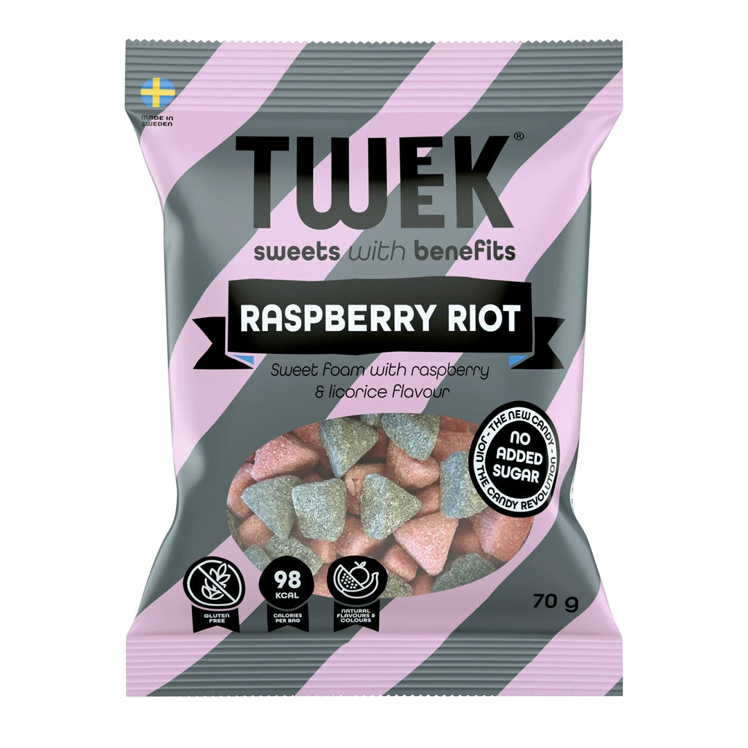 Tweek Sweets 70 g -vaahtokarkkeja vaaleanpuna-harmaaraidallisessa pussissa, makuna Raspberry Riot., kuva 2/4