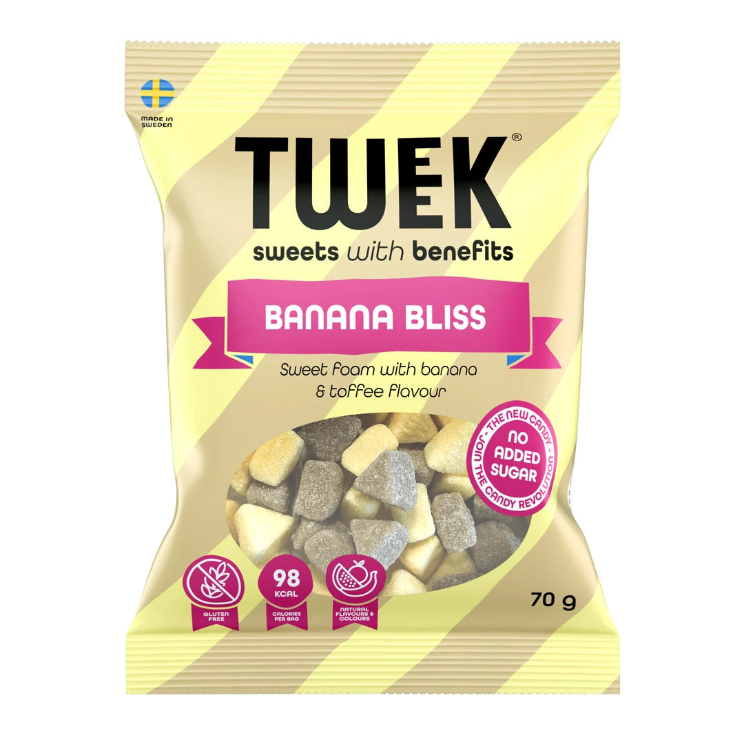 Tweek Sweets 70 g -vaahtomakeisia vaaleankeltaisessa ja beigessä raidallisessa pussissa, makuna Banana Bliss., kuva 3/4
