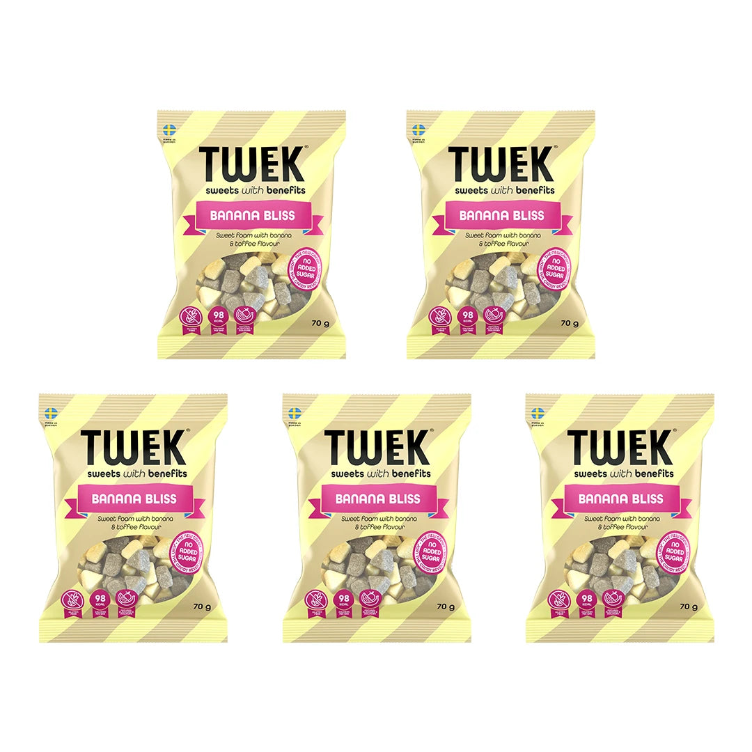 5 x Tweek Sweets 70 g Banana Bliss kelta-raidallisissa karkkipusseissa, joissa on vaaleanpunaisia yksityiskohtia., kuva 1/1