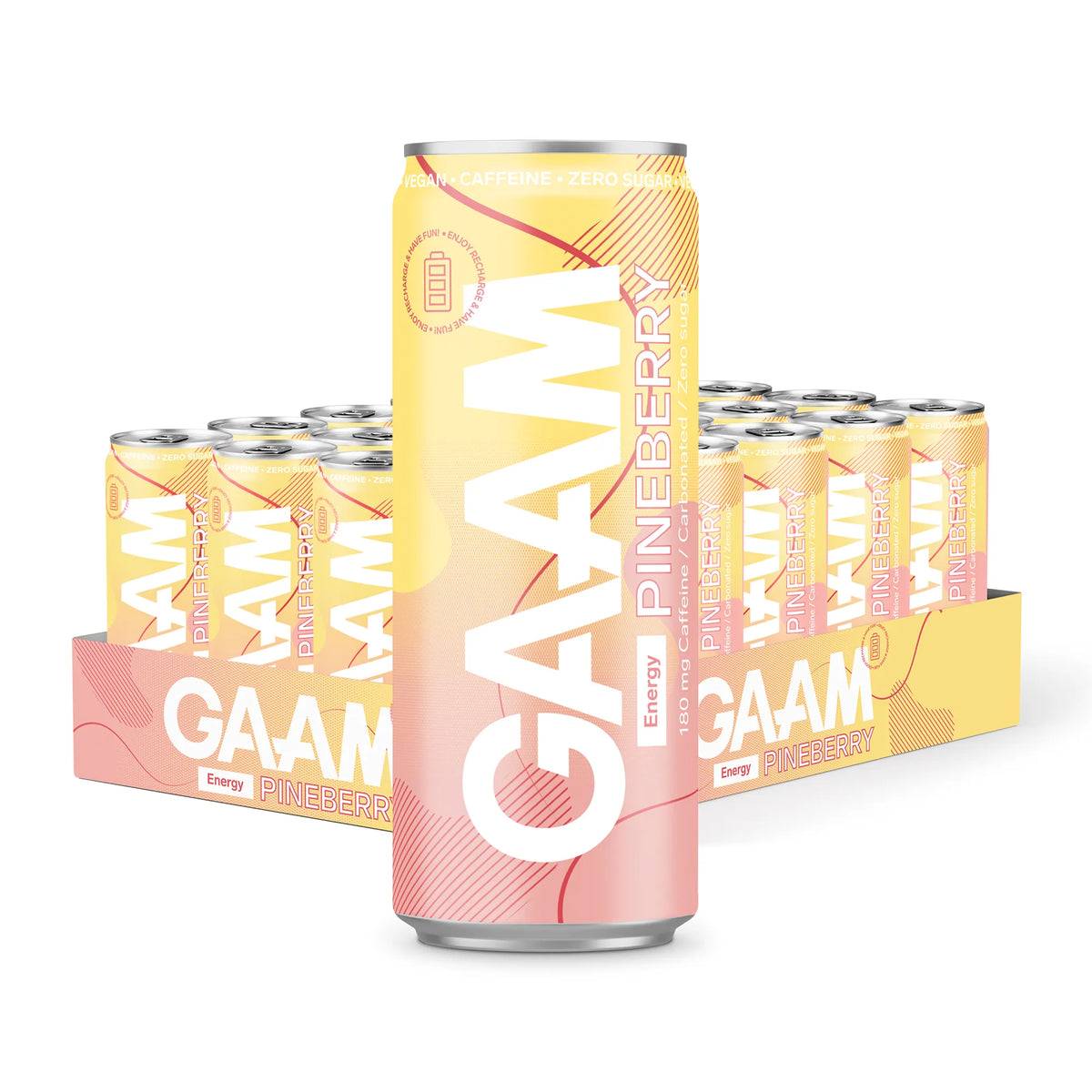 24 x GAAM Energy 330 ml Pineberry -energiajuomat kelta-vaaleanpunaisessa lavassa, yksi tölkki etualalla., kuva 1/1