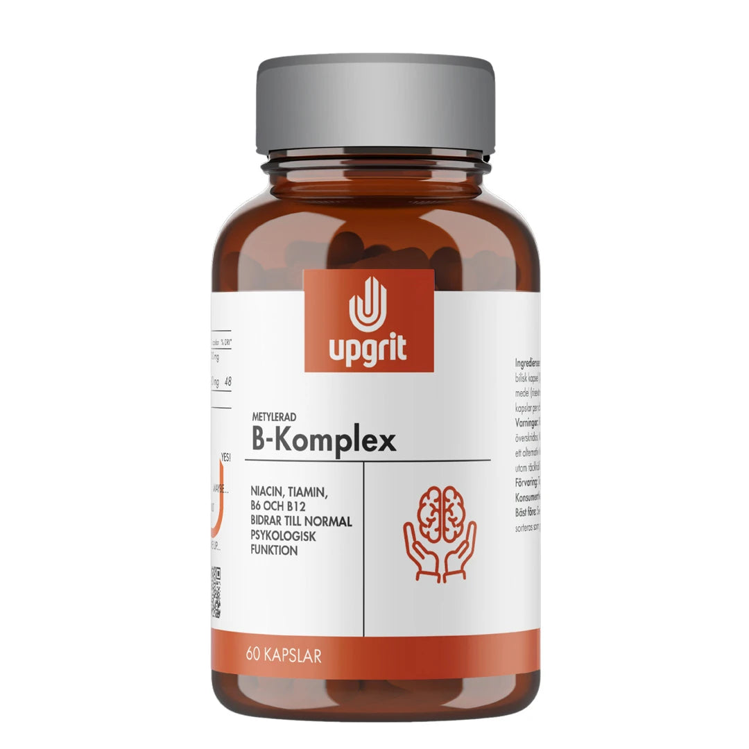 Upgrit Metylerad B-Komplex 60 caps ruskeassa lasipurkissa, jossa on hopeinen kansi ja punavalkoinen etiketti., kuva 1/1
