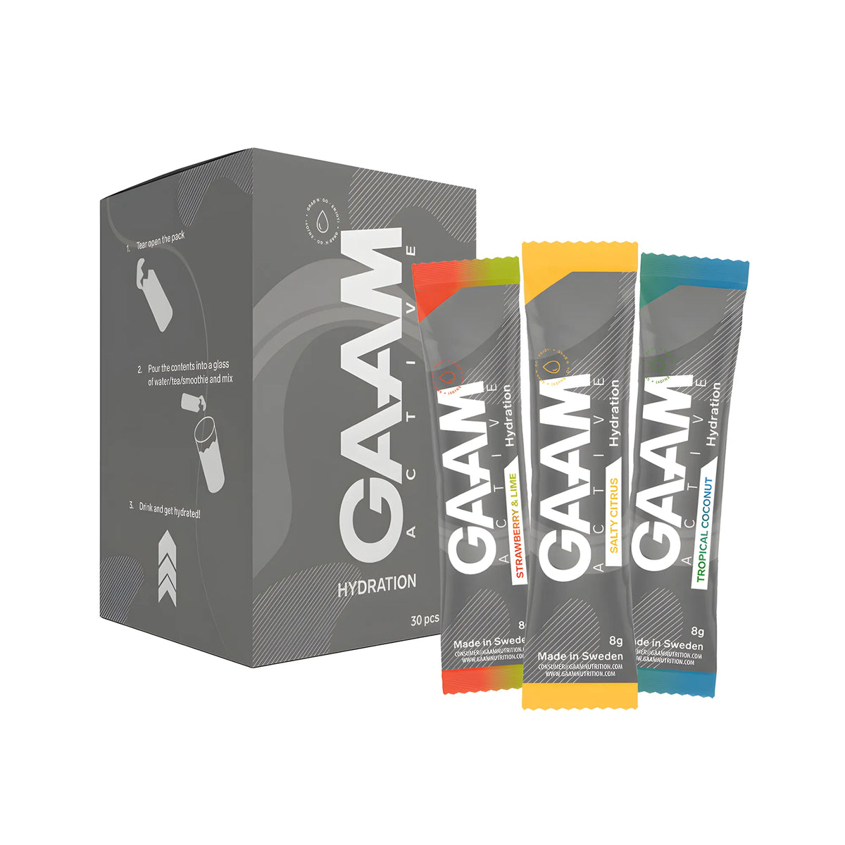 30 x GAAM Active Hydration 8 g Elektrolyter Mixlåda harmaassa laatikossa ja kolme eriväristä annospussia., kuva 1/1