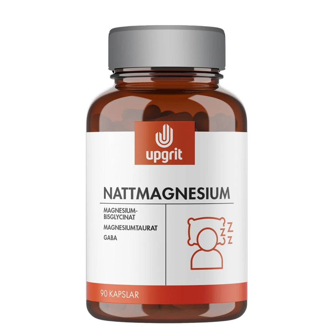 Upgrit Nattmagnesium 90 caps ruskeassa lasipurkissa, jossa on harmaa kansi ja punavalkoinen etiketti., kuva 1/1