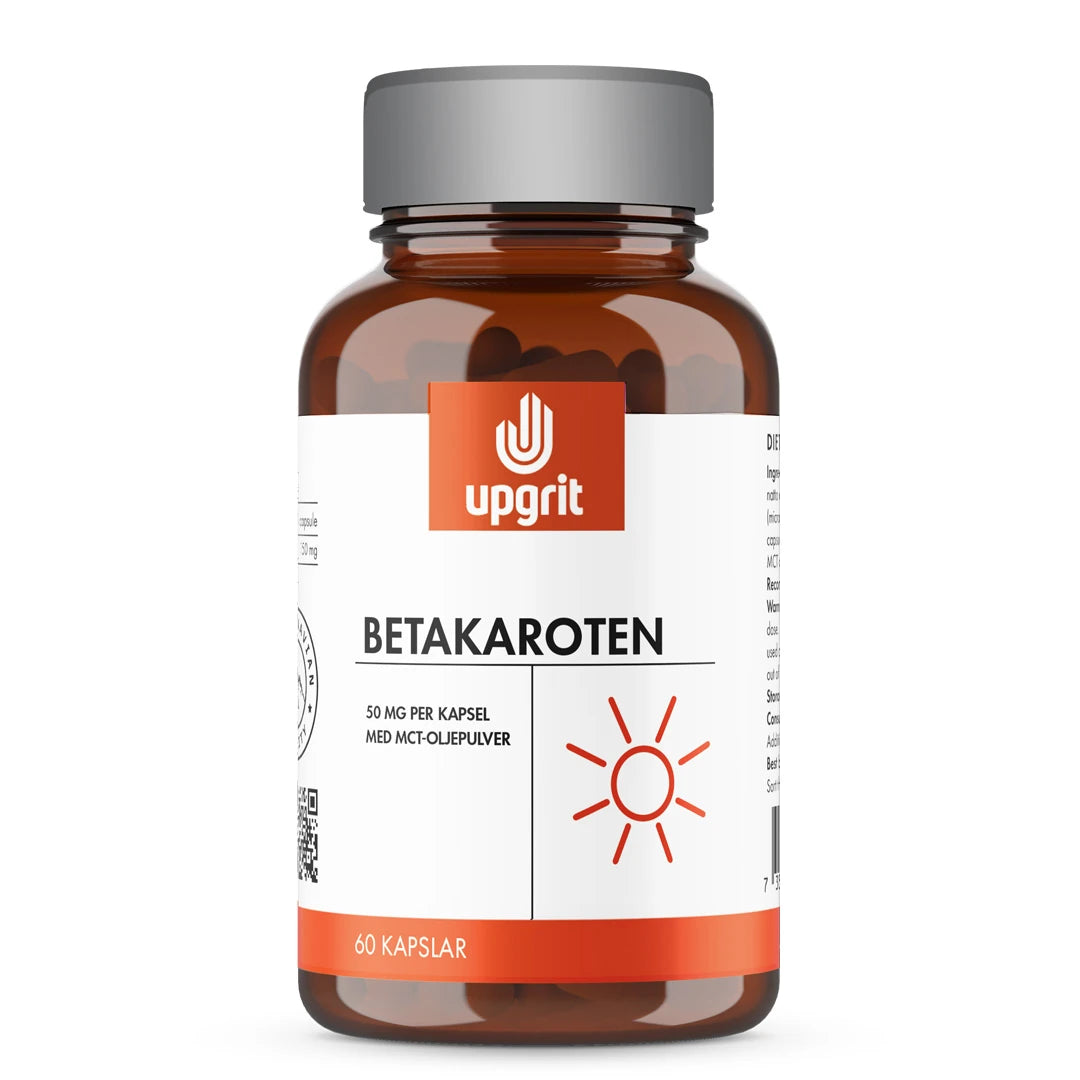Upgrit Betakaroten 50 mg 60 caps ruskeassa purkissa, jossa on harmaa kansi ja valko-oranssi etiketti., kuva 1/1