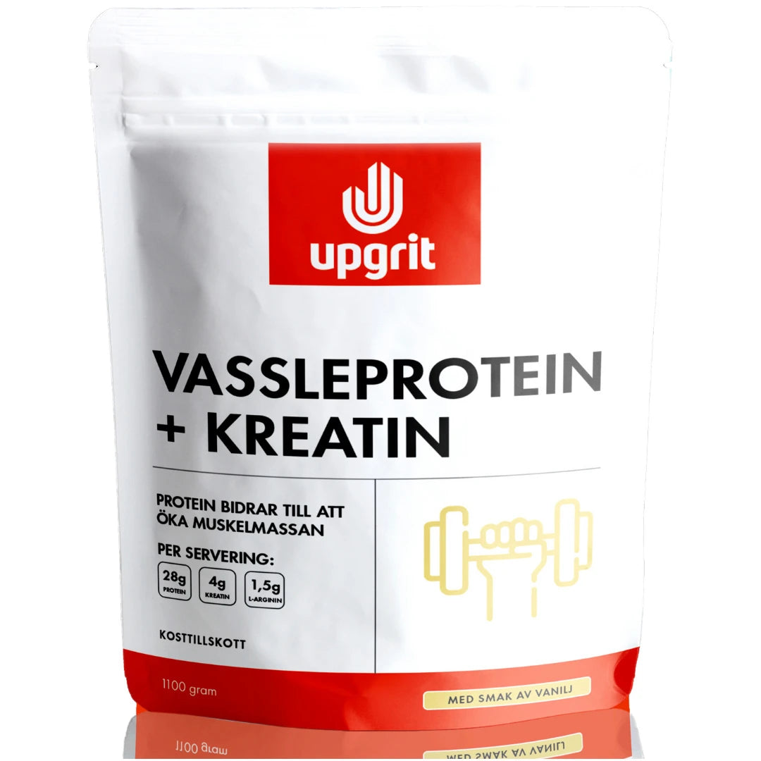 Upgrit Vassleprotein + Kreatin 1.1 kg -proteiinijauhe valkoisessa pussissa punaisella logolla, makuna vanilja., kuva 1/2