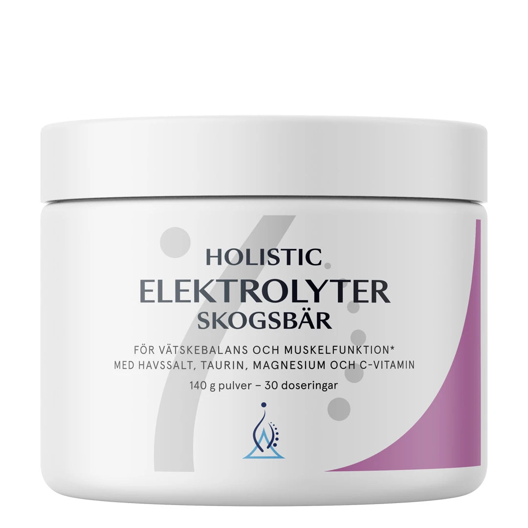 Holistic Elektrolyytit 140 g -elektrolyyttijauhe valkoisessa purkissa violeteilla yksityiskohdilla, makuna metsämarja., kuva 1/1