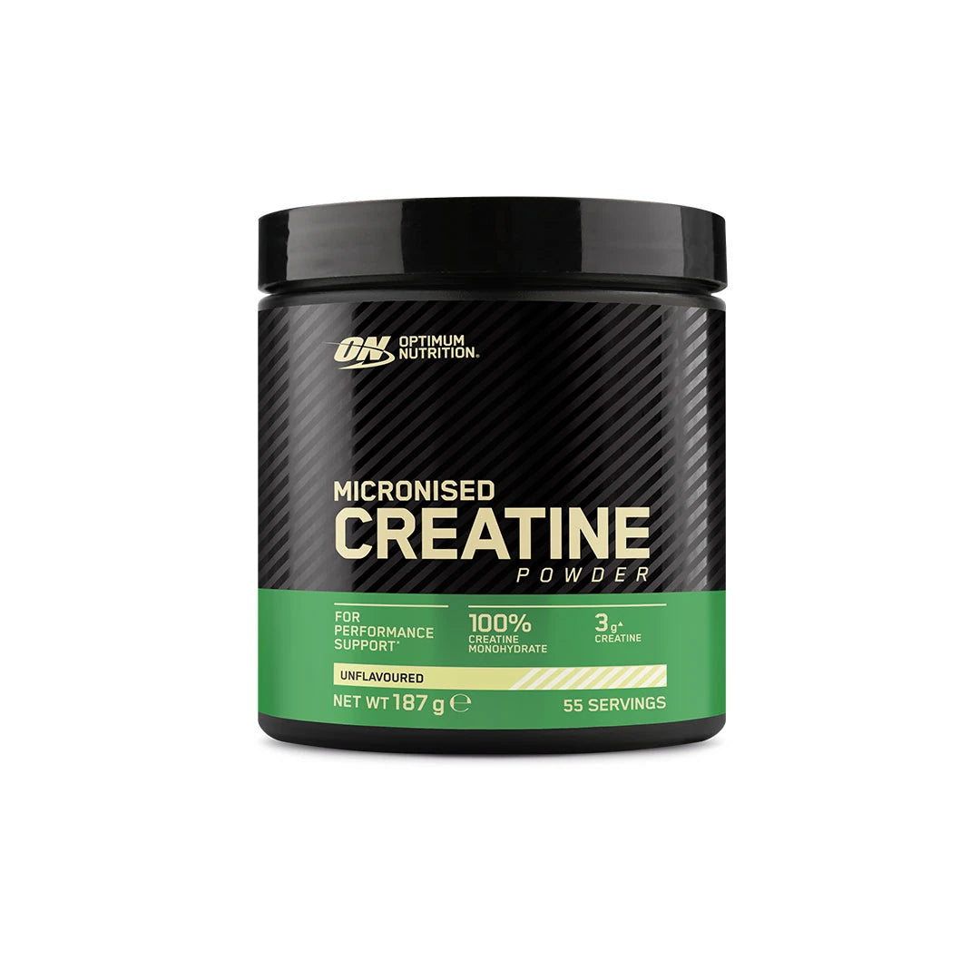 Optimum Nutrition Creatine Powder 187 g mustassa purkissa vihreällä etiketillä, täynnä puhdasta, maustamatonta kreatiinimonohydraattia., kuva 1/1