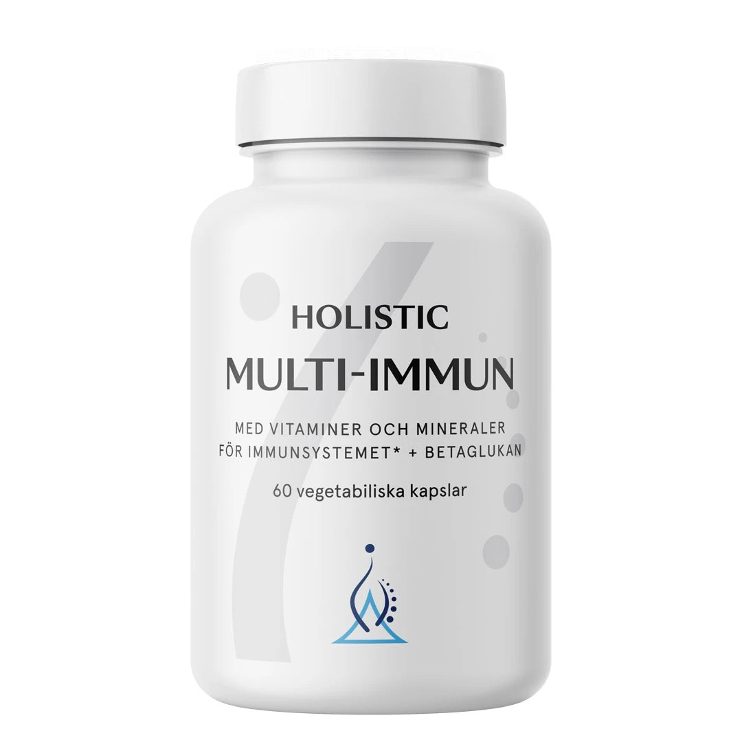 Holistic Multi-Immun 60 caps -ravintolisä immuunijärjestelmälle valkoisessa purkissa harmailla yksityiskohdilla., kuva 1/1
