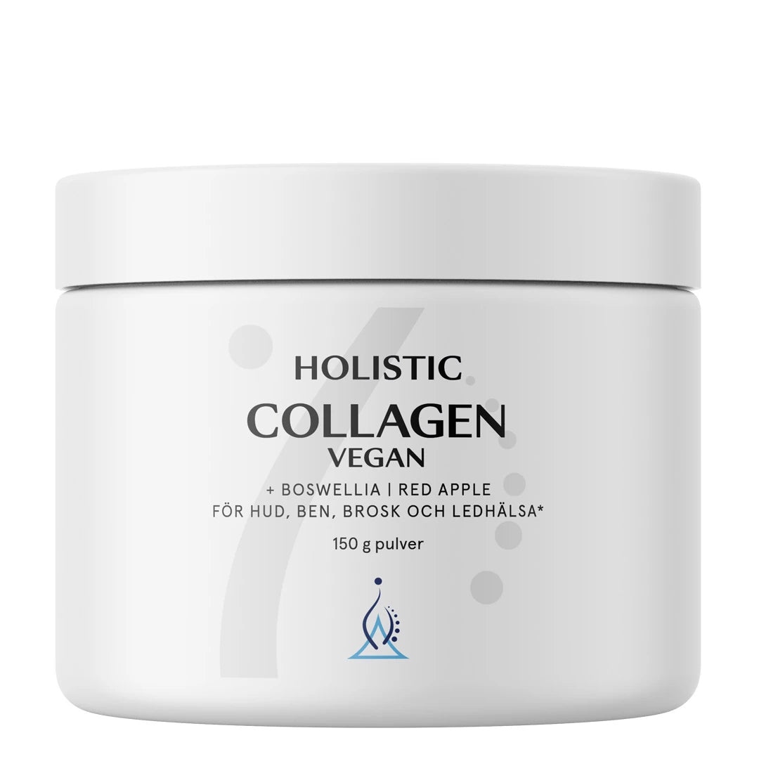Holistic Collagen Vegan 150 g är ett veganskt kollagentillskott i en vit burk, för hud, ben och ledsystem., bild 1 av 1