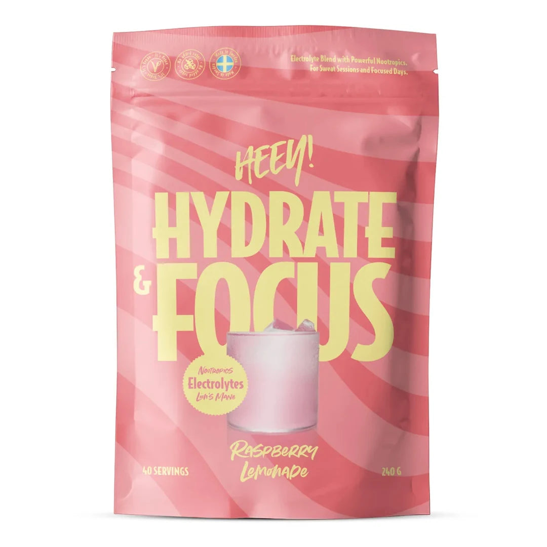 Heey! Elektrolyytit + Lions Mane 240 g roosassa pussissa keltaisilla yksityiskohdilla, makuna Raspberry Lemonade., kuva 2/2