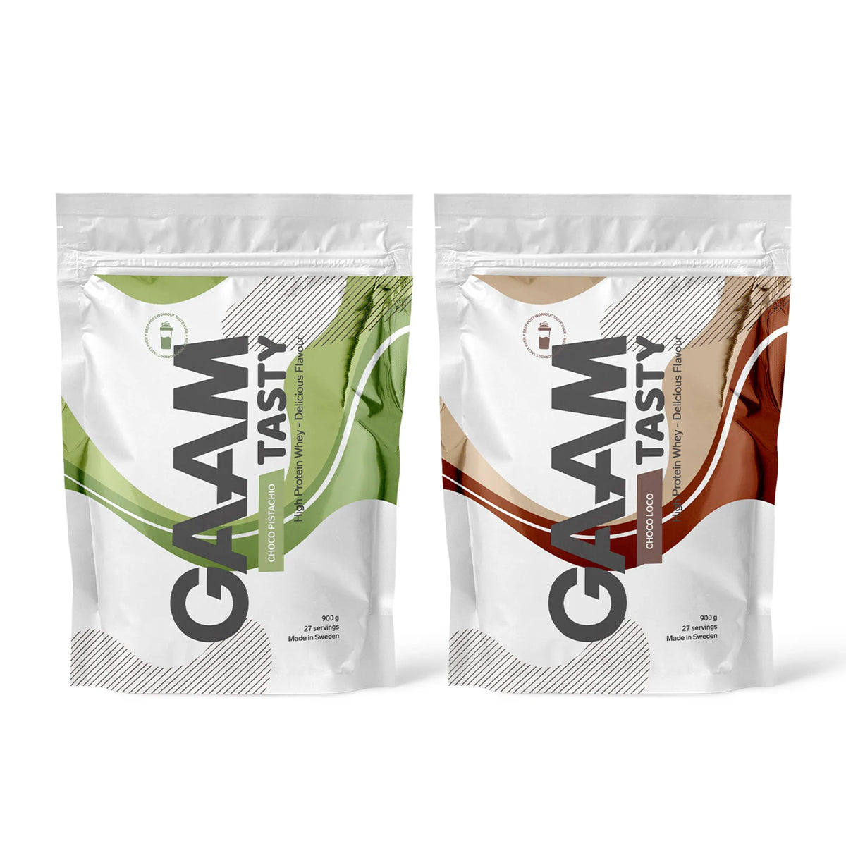 2 x GAAM Tasty Whey proteiinijauhe 900 g kahdessa valkoisessa pussissa vihreillä ja ruskeilla yksityiskohdilla mauissa Choco Pistachio ja Choco Loco., kuva 1/1