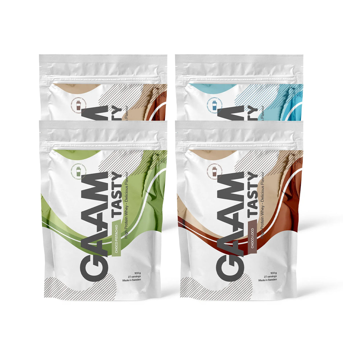 4 x GAAM Tasty Whey Proteinpulver 900 g neljässä valkoisessa pussissa, joissa on värikkäät aaltokuviot eri mauille., kuva 1/1