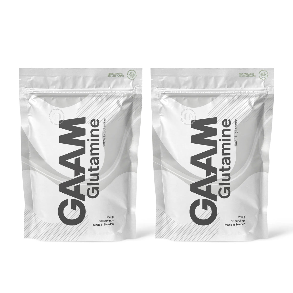 2 x GAAM Glutamine 250 g -aminohapot kahdessa valkoisessa pussissa harmailla yksityiskohdilla.