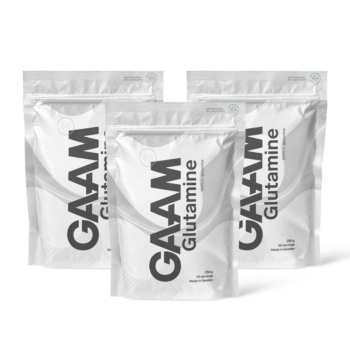 3 x GAAM Glutamine 250 g -aminohappoja kolmessa valkoisessa pussissa, joissa on harmaita ja mustia yksityiskohtia., kuva 1/1