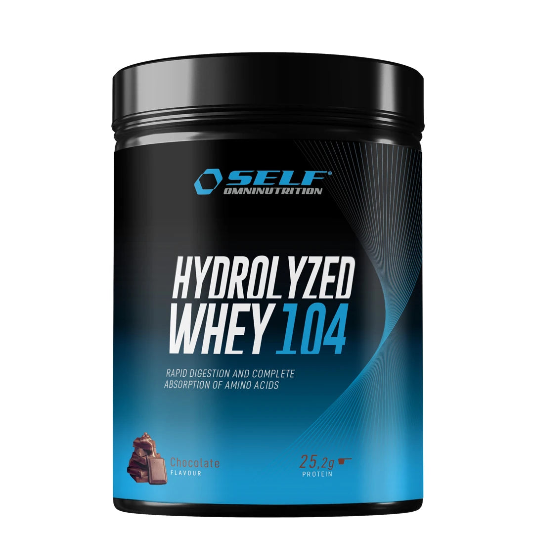 Self Omninutrition Hydrolyzed Whey 104 600 g -proteiinijauhe mustassa purkissa sinisellä etiketillä, makuna suklaa., kuva 1/1
