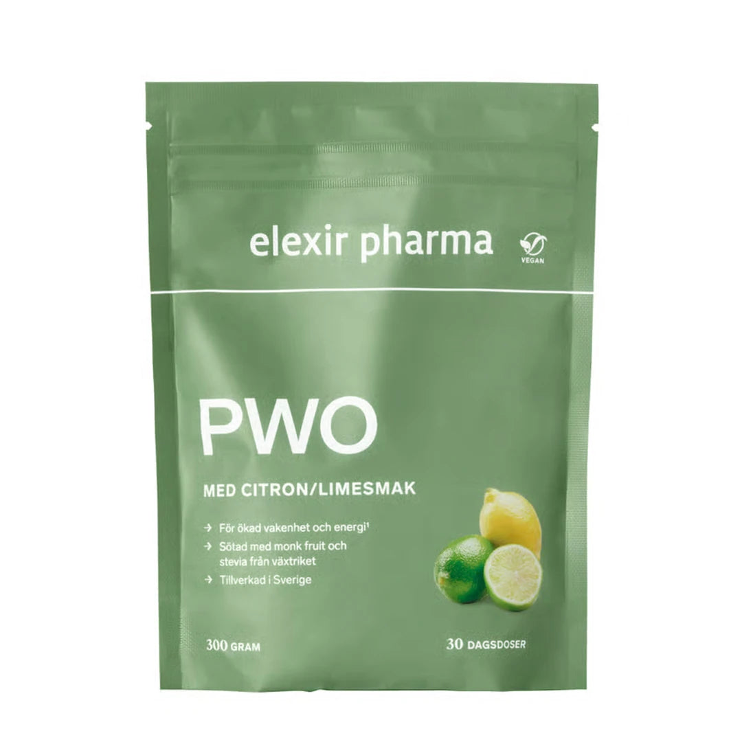 Elexir Pharma PWO 300 g vihreässä pussissa, jossa on valkoinen teksti sekä sitruunan ja limen kuvitus., kuva 1/1