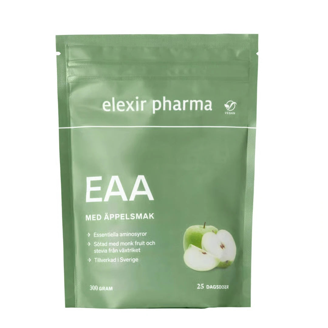 Elexir Pharma EAA 300 g vegaaninen aminohappojauhe vihreässä pussissa, makuna omena.
